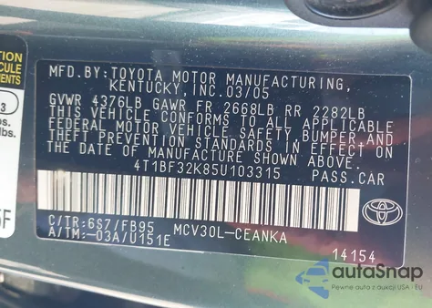 2005 Toyota Camry Le V6 из США, поврежденный, VIN 4T1BF32K85U103315